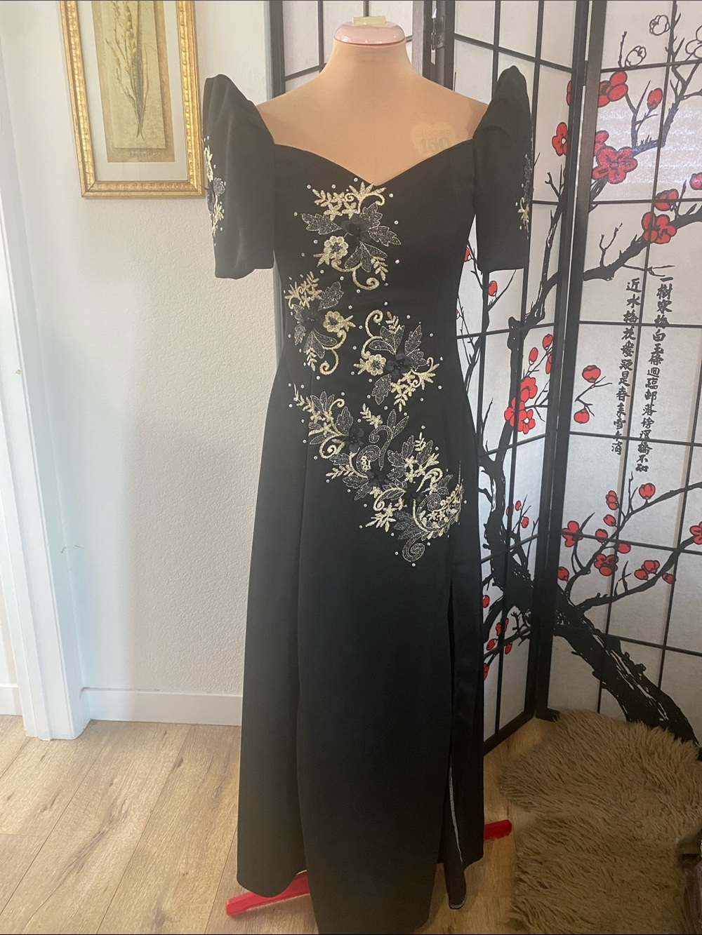 Black Filipiniana Neoprene Gown with Silver Floral Embroidery